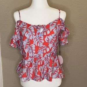 Milk & Honey Red/Blue Leaf Pattern Offshoulder Top